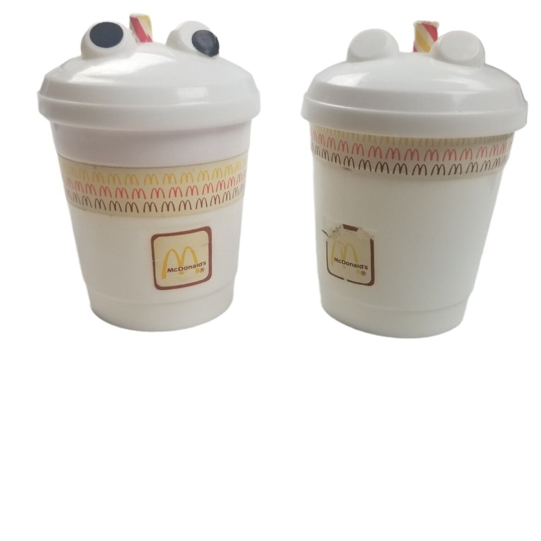 Vintage Lot of 2 McDonalds Happy Meal Toy 1988 Drink Cup & Lid w/ eyes + straw