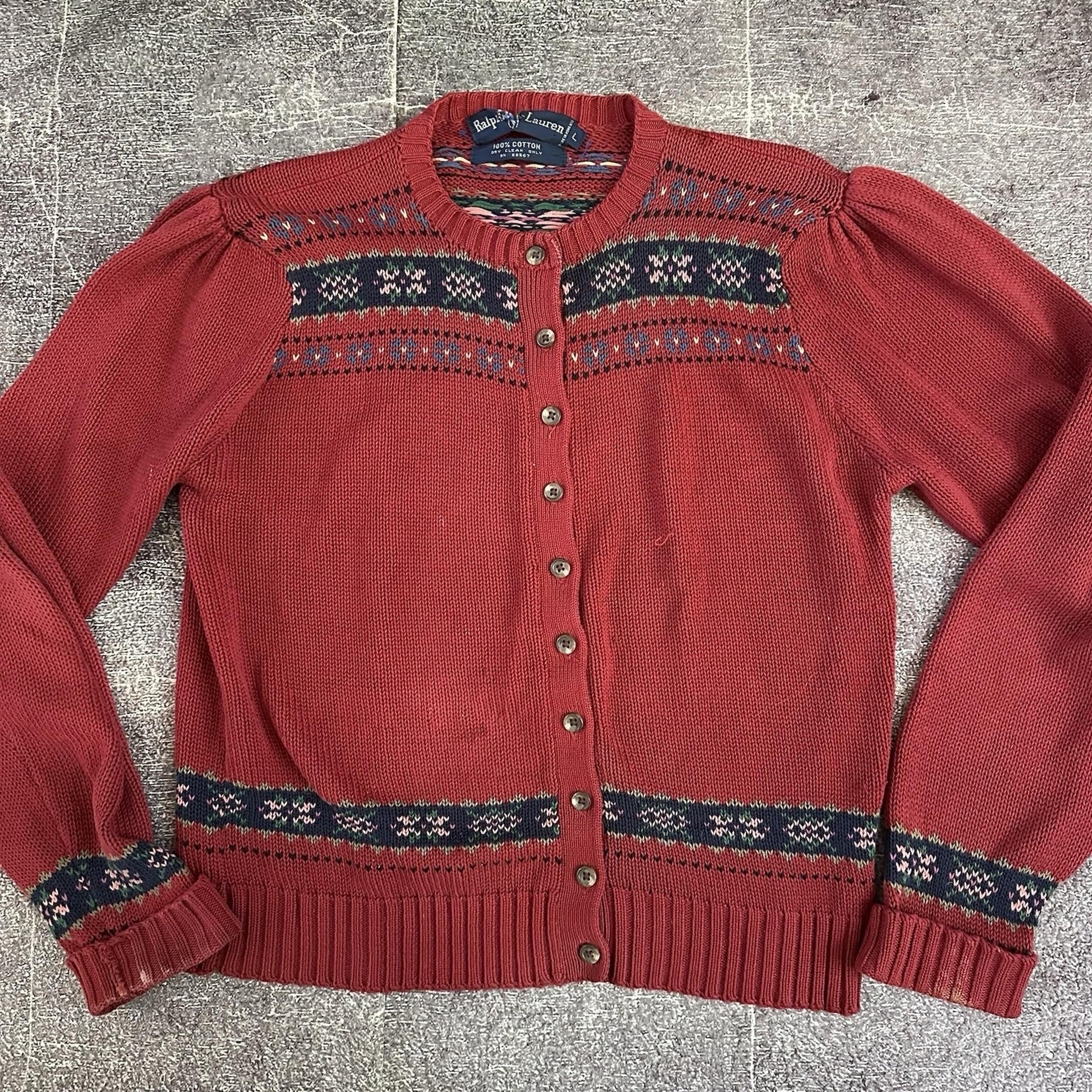 Women's Vintage 90's Ralph Lauren Red Snowflake Button Up Cardigan Sweater Sz L