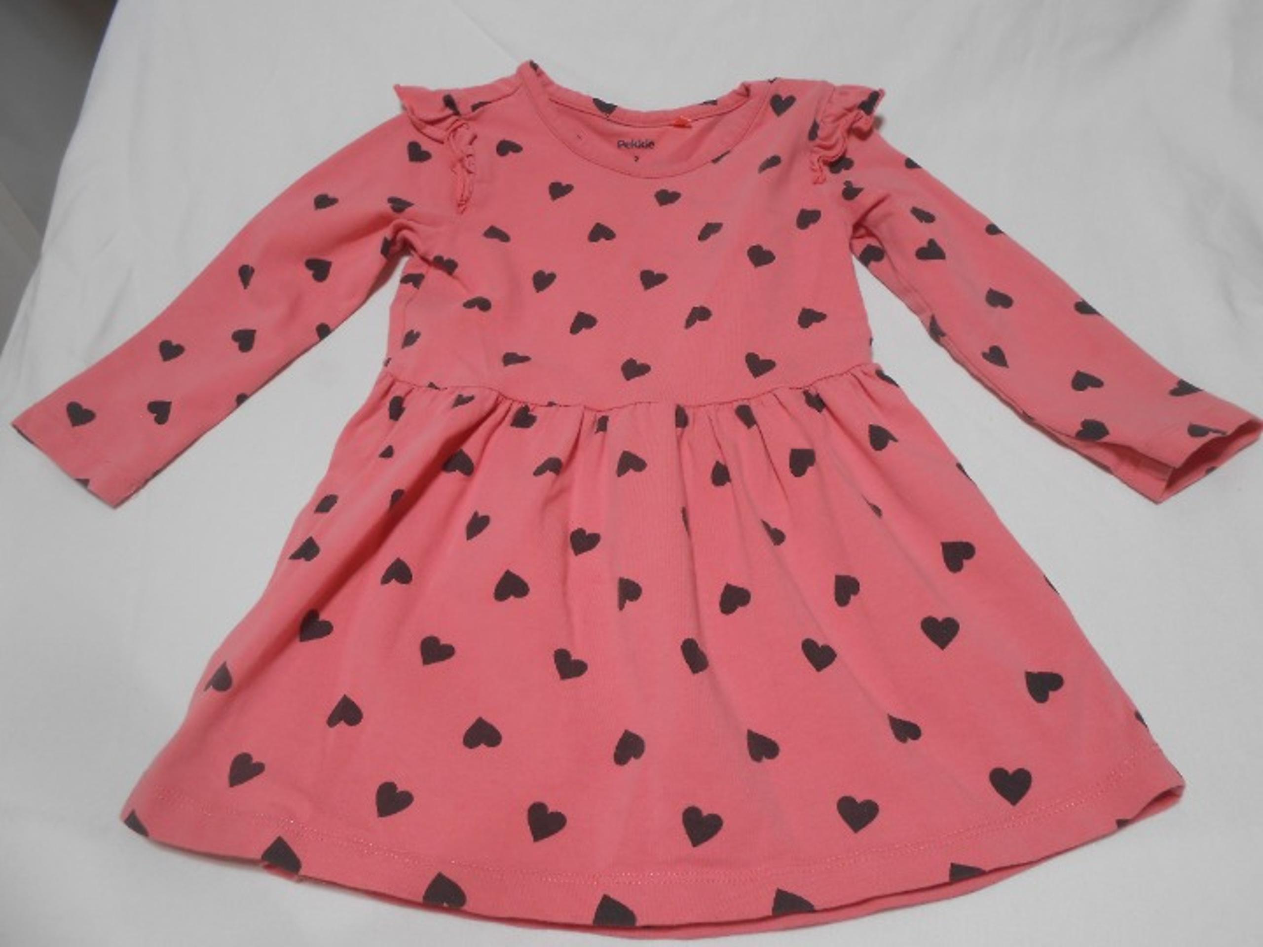 CUTE PEKKLE DRESS SIZE 2 PINK w/ BLACK HEARTS DESIGN LS RUFFLE SHOULDER ACCENT