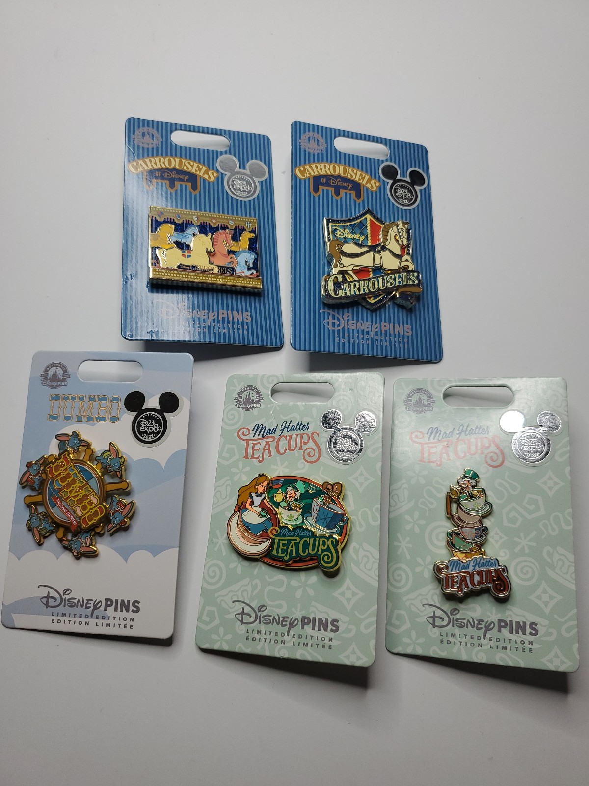 D23 Expo 2022 Disney Pins Limited Edition Dumbo, Tea Cups, Mad Hatter, Carrousel