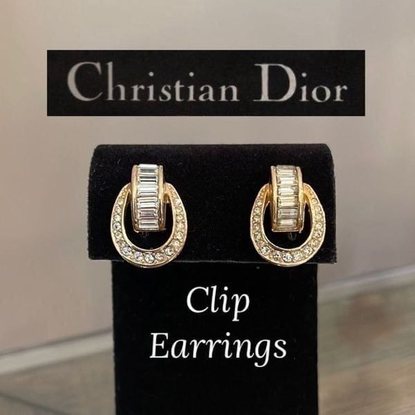 Vintage CHRISTIAN DIOR Door Knocker Clip On Earrings Gold Rhinestone Signed 80’s