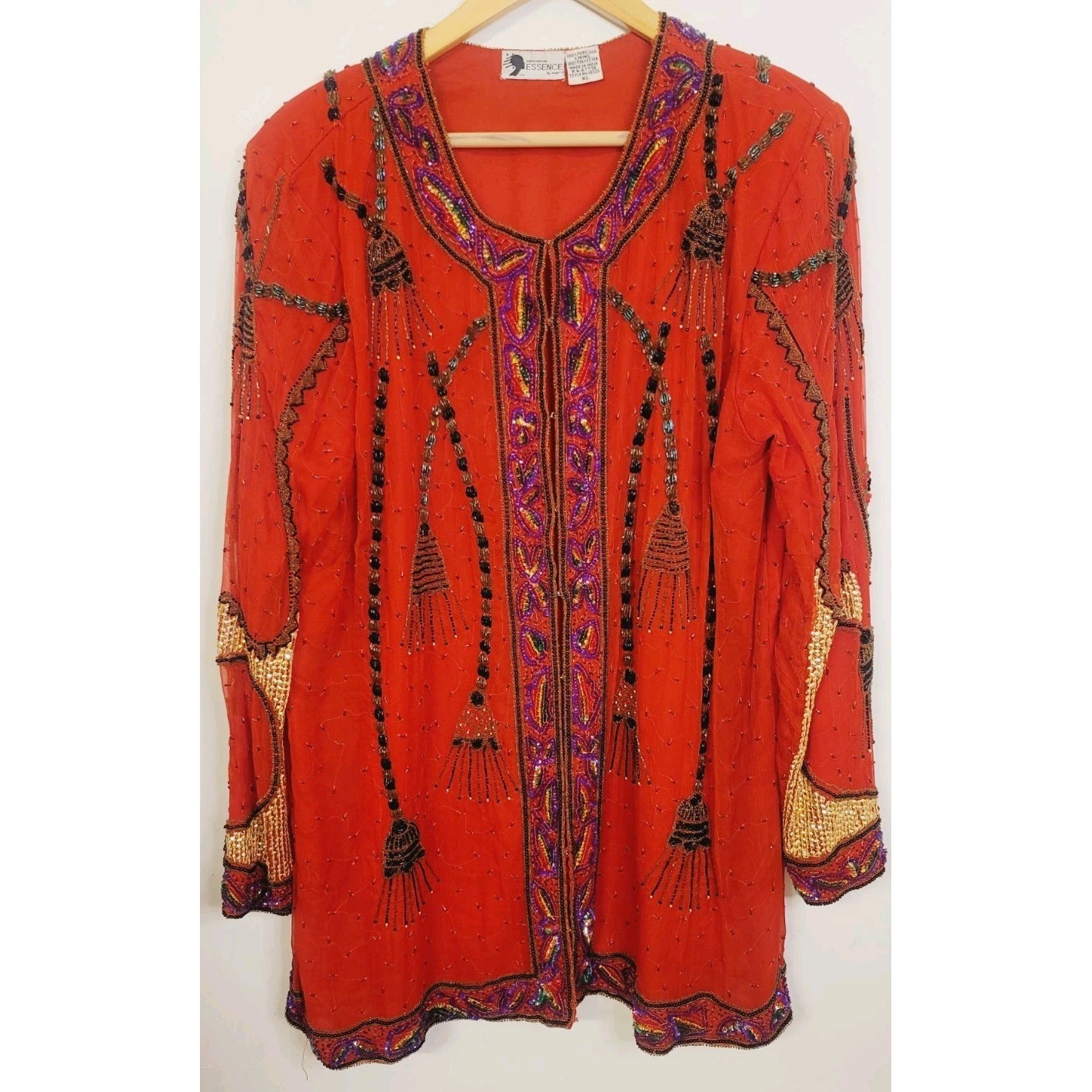 VTG Essence Bead Sequin 100% Silk Jacket Kimono 80s Opera Coat Duster Exra Large