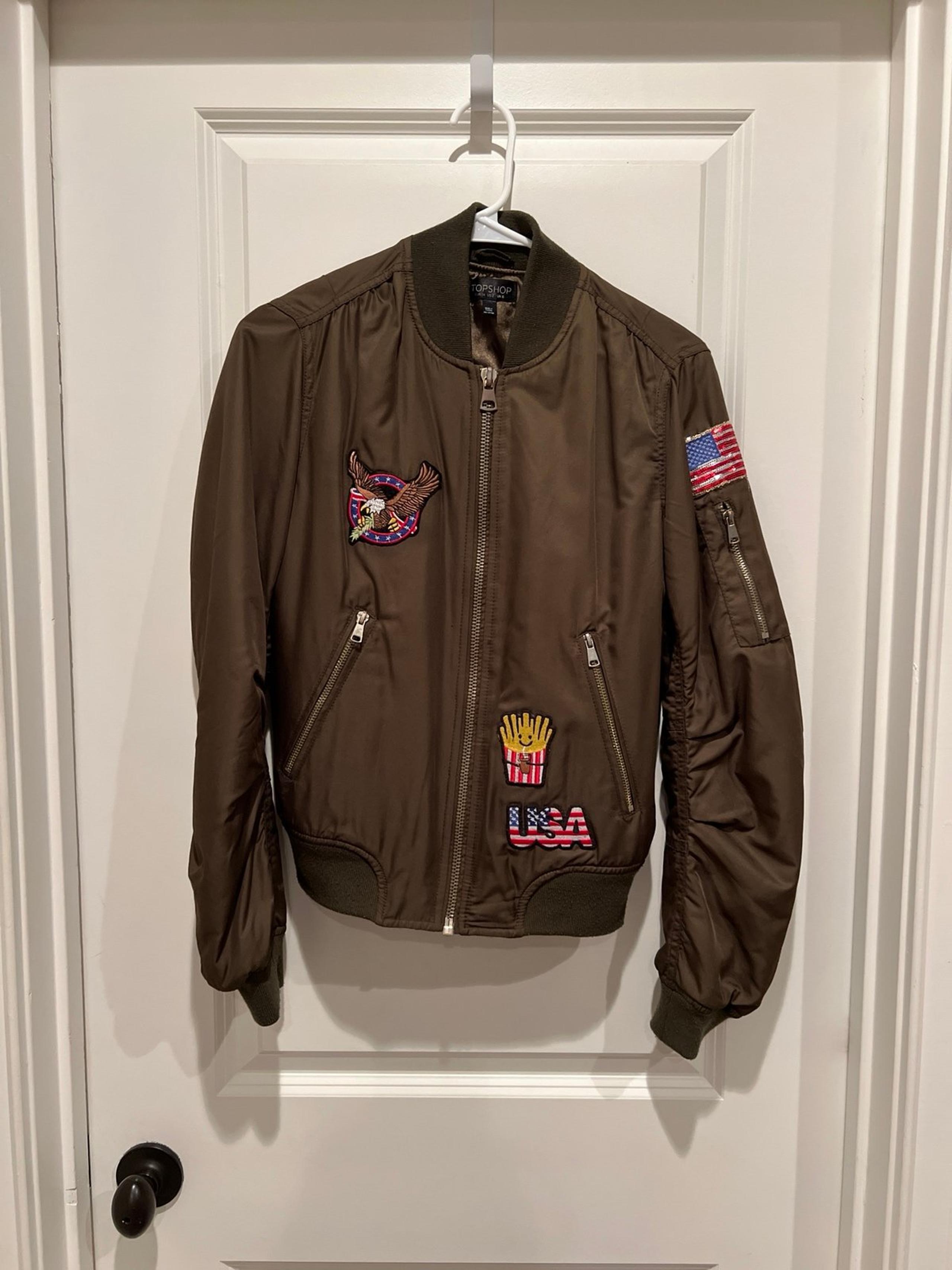 Women’s Army Green Topshop Patriotic Bomber Jacket US Size 2