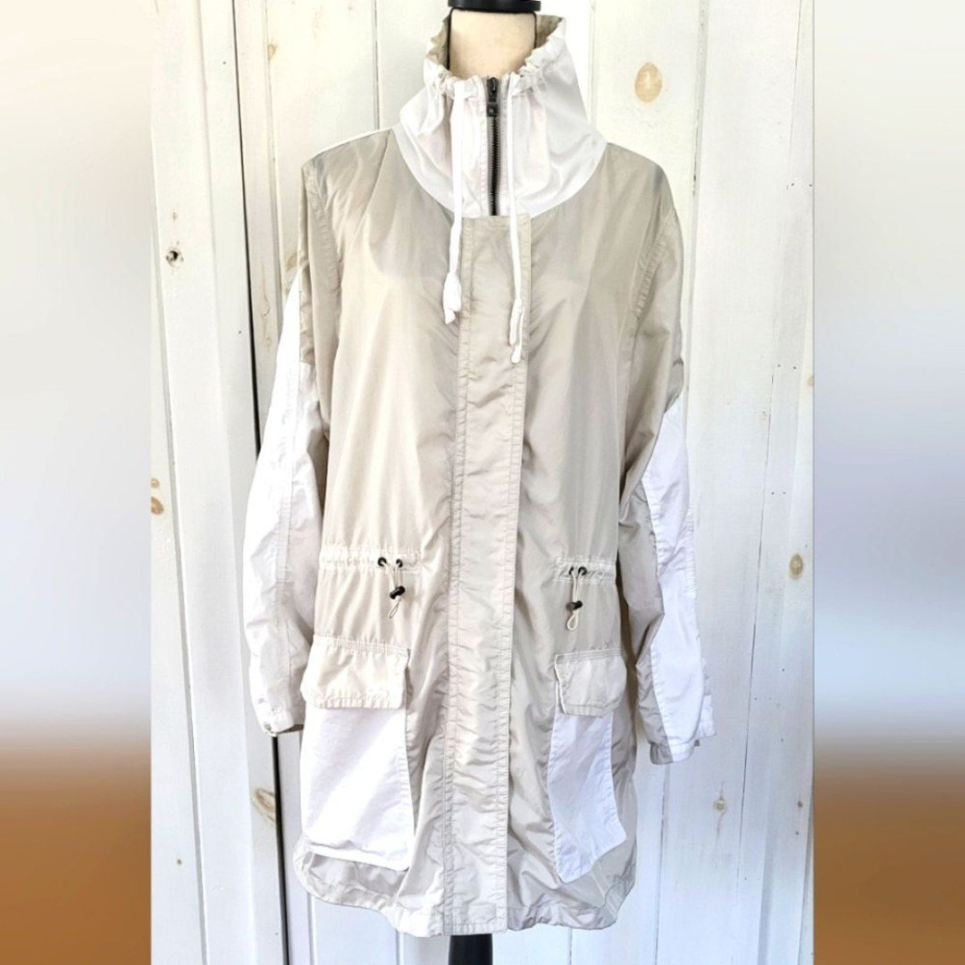Coach White Taupe Nylon Drawstring Longline Rain Jacket