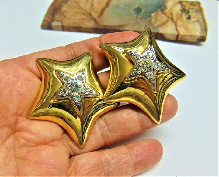 Movie Star Clip Earrings Vintage 80's Crystal Rhinestone OOAK Made USA BeadRage