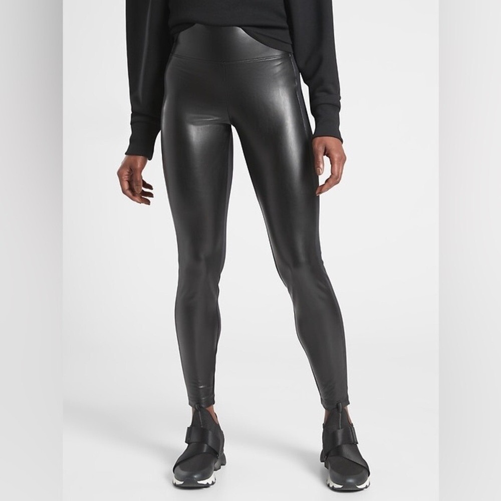 Athleta Women's Delancey Shine Tight Black Faux Leather- Size Large Tall