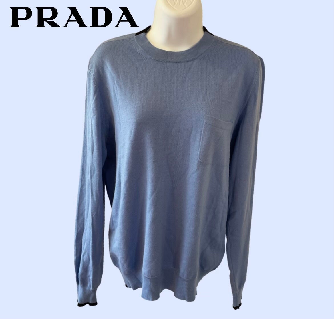 PRADA Men’s Virgin Wool Blue + Black Knit Pullover Sweater - 48