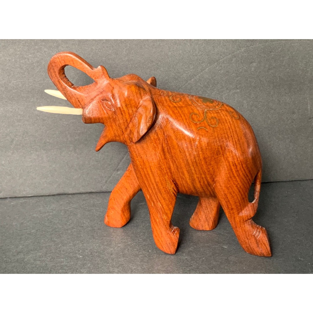 Hand Carved Wood Elephant Sculpture Figurine - 6 1/4” x 8” x 2 3/4”