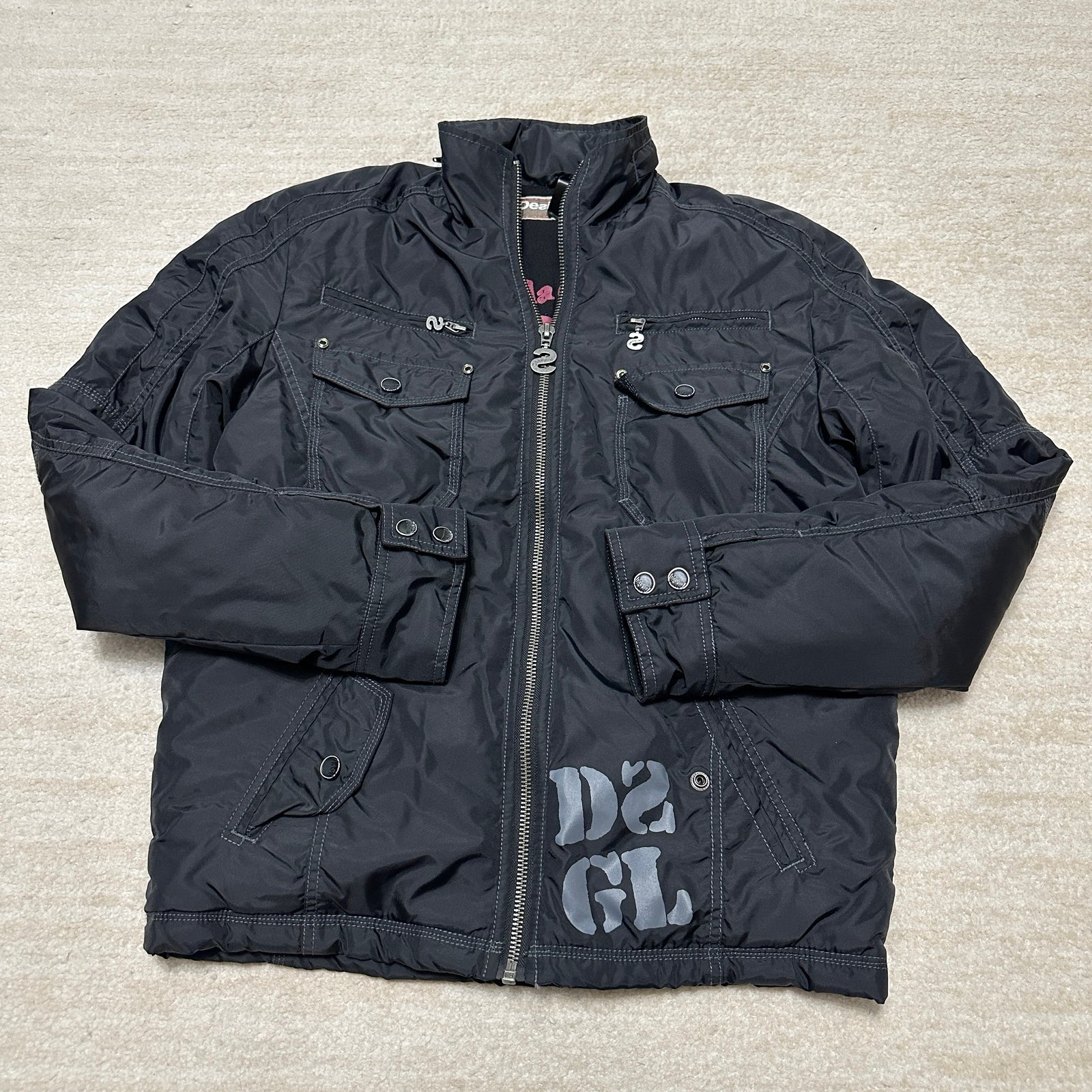 Desigual Bomber Moto Jacket Black Nylon Spell-Out Adult Large Designer Full Zip