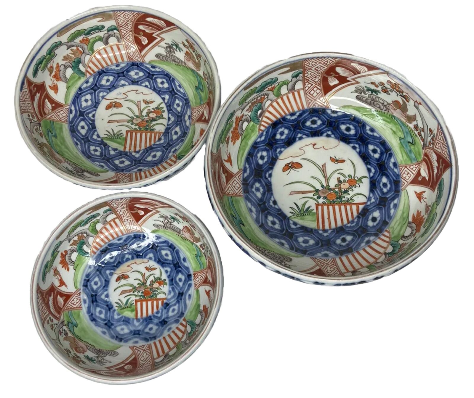 Japanese Arita Authentic Nesting Porcelain Bowls -Set Of 3- Beautiful Asa-no-ha