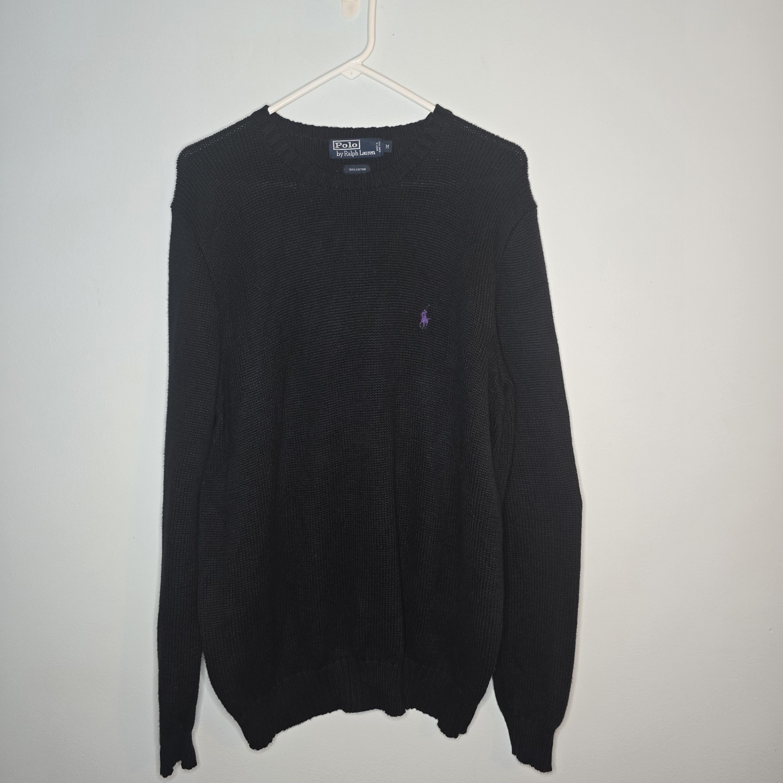 Polo Ralph Lauren 100% Cotton Pullover Knit Sweater Black Mens M Purple Pony