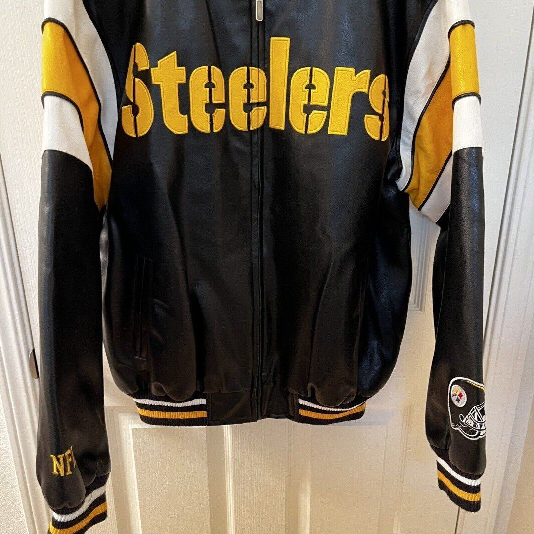 NFL Pittsburgh Steelers G-III Apparel Faux Leather Letterman Bomber Jacket Large