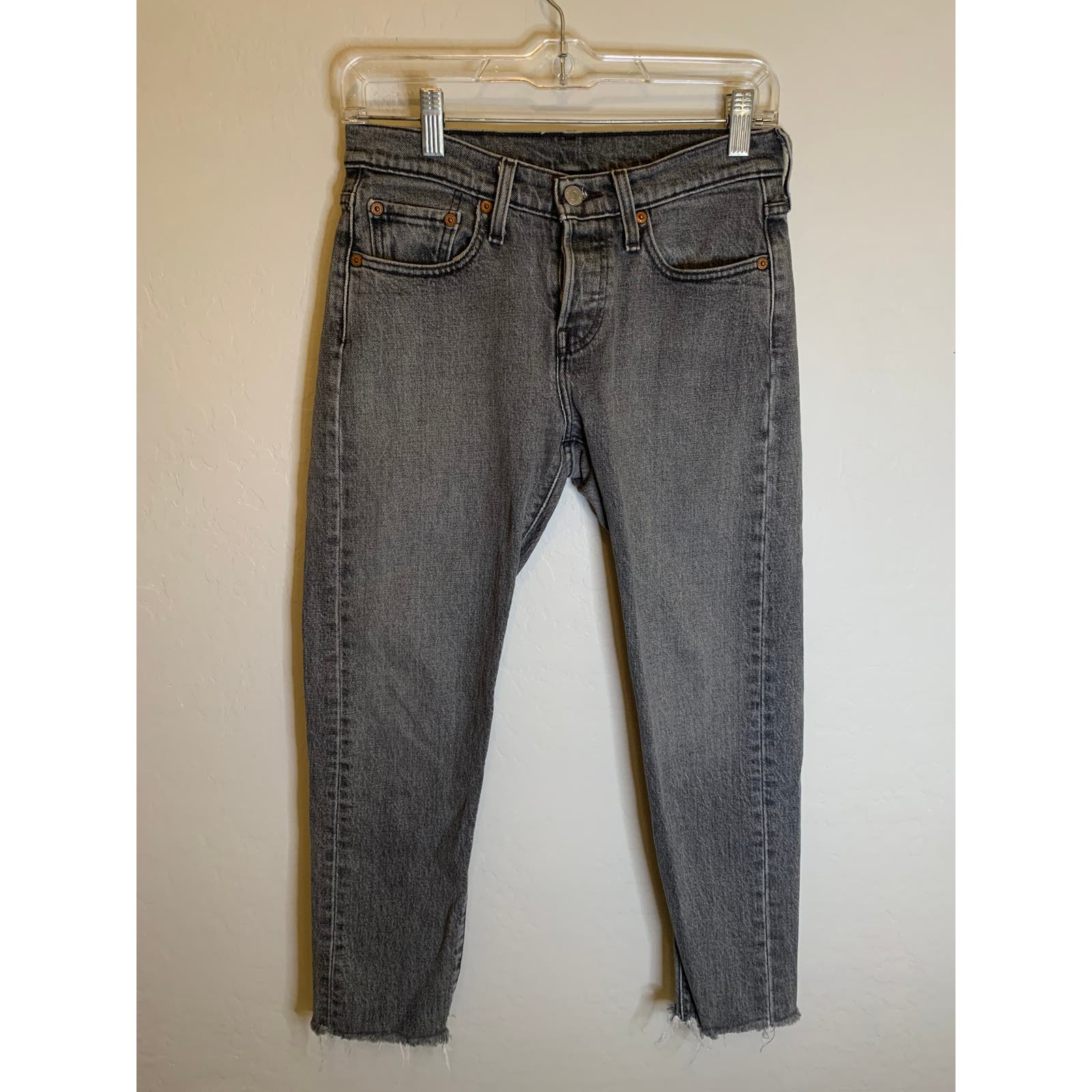 Levi's | Gray Tapered 501 Denim Jean with Button Fly and Raw Hem Size 26