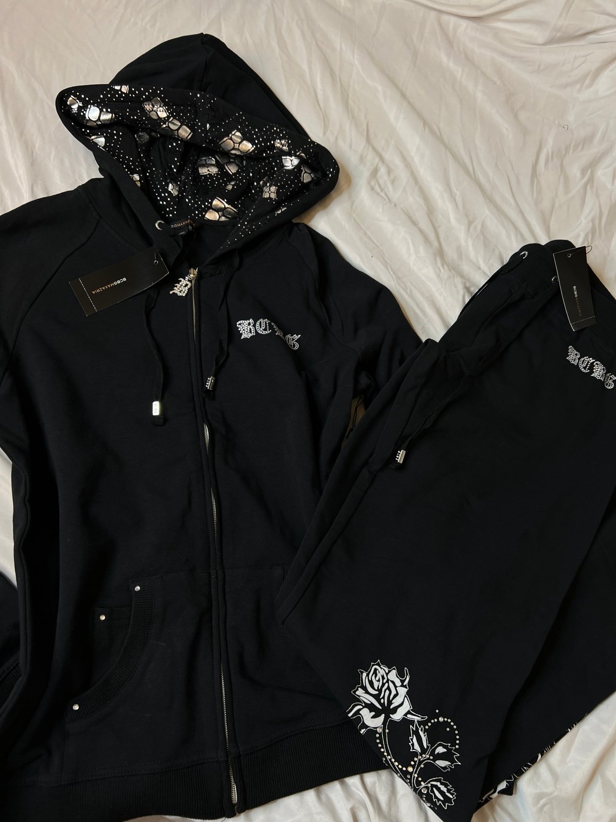 NEW Vintage Black BCBG tracksuit with rhinestone details and white designs.