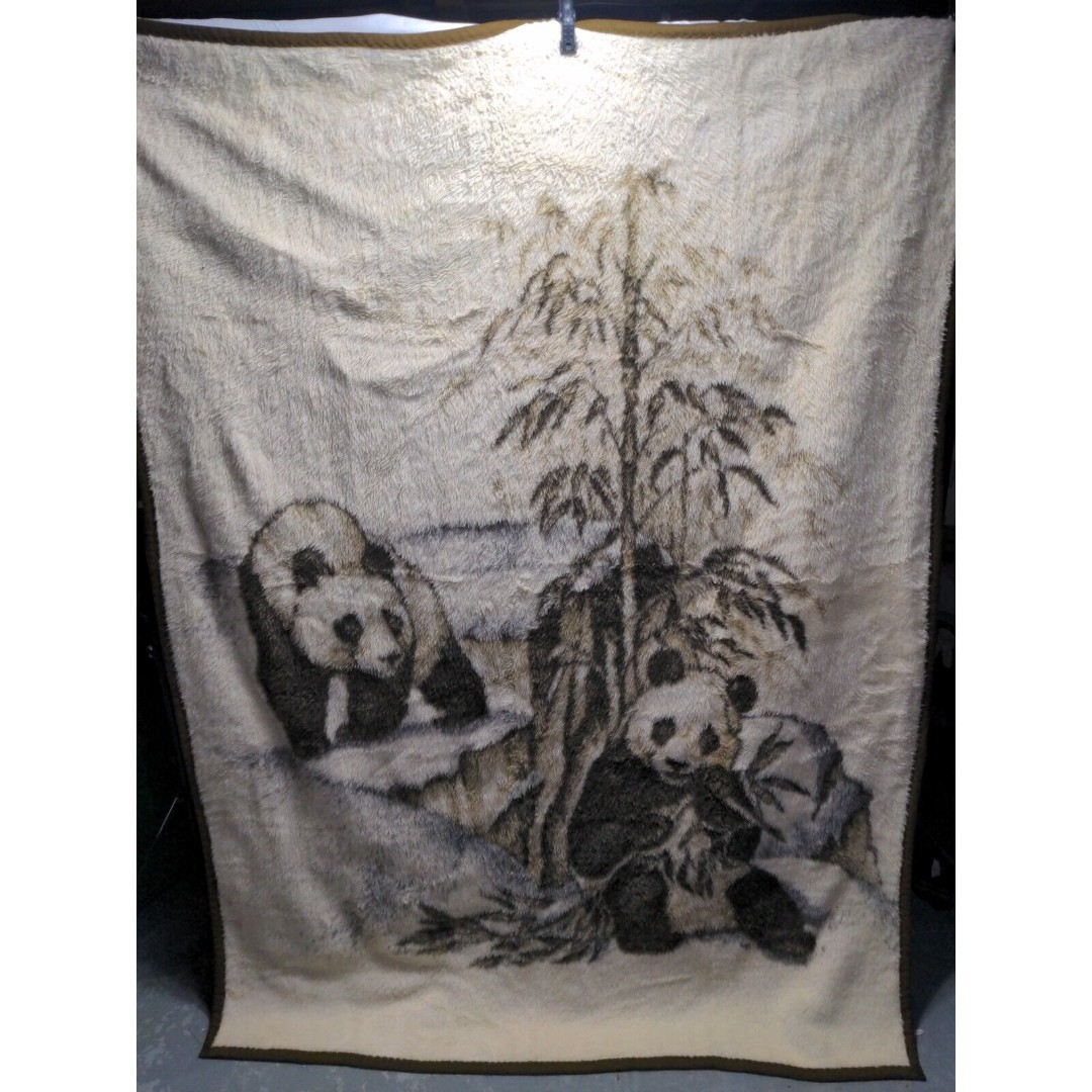 Vintage 80’s Blanket Panda Bear And Baby 57” x 78 Brown & Beige Made in Spain