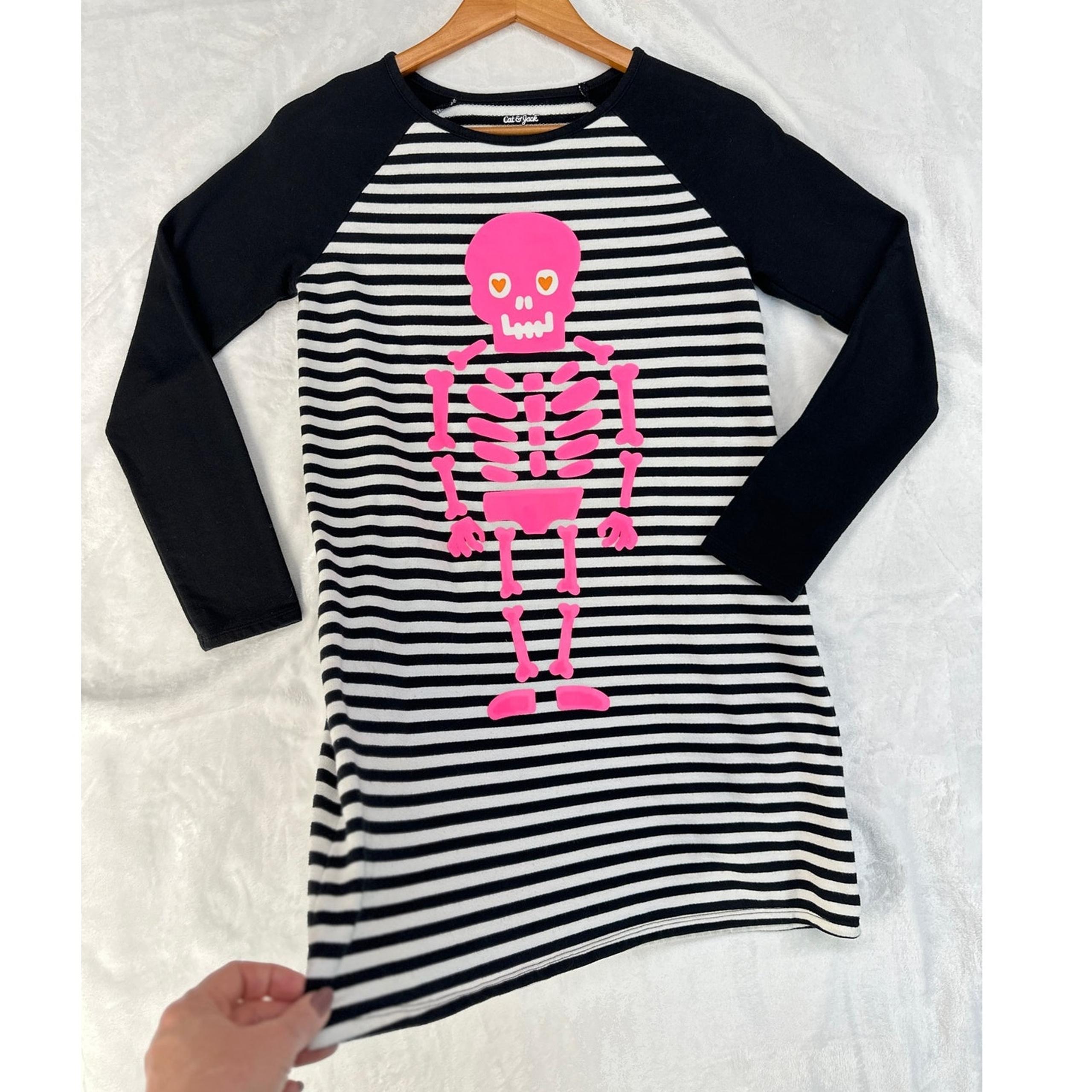 Cat & Jack Pink SKULL SKELETON LS Striped Dress GIRLS Size XL (14/16) KIDS