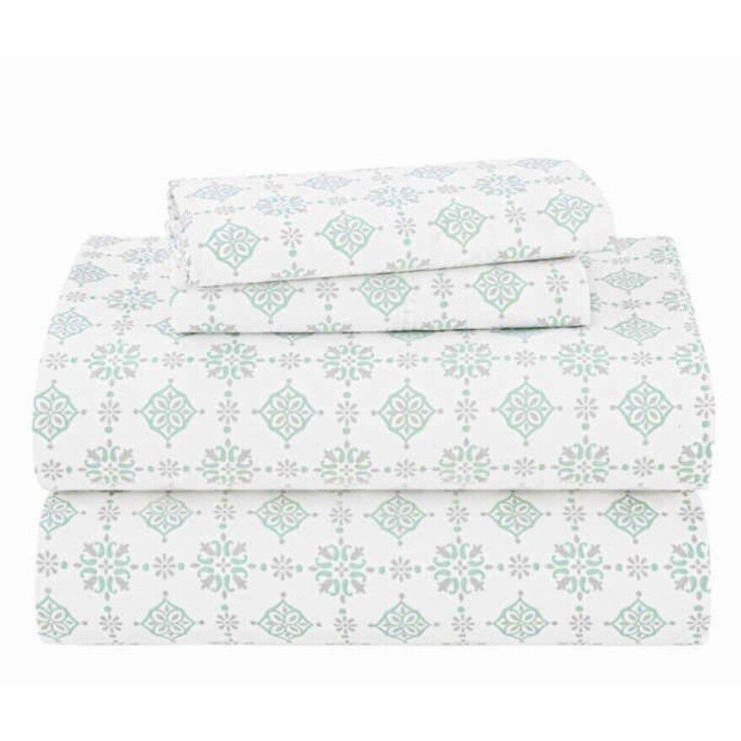 Welhome Cotton Rich Sateen 320 TC Gray Mint Ditsy Medallion 4pc Sheet Set Queen