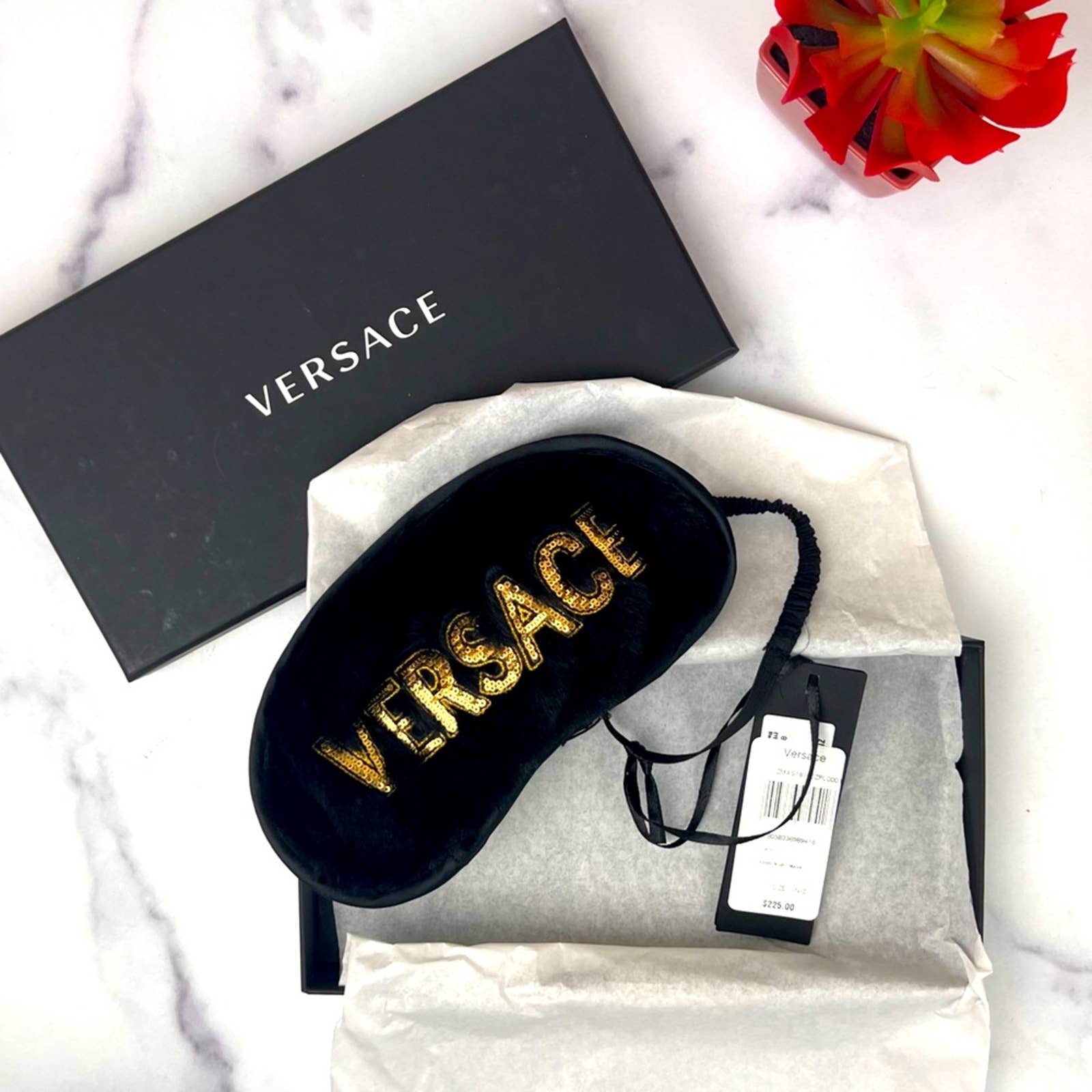 Versace Sequin-Embellished Logo Fluffy Sleep Mask - Black & Gold