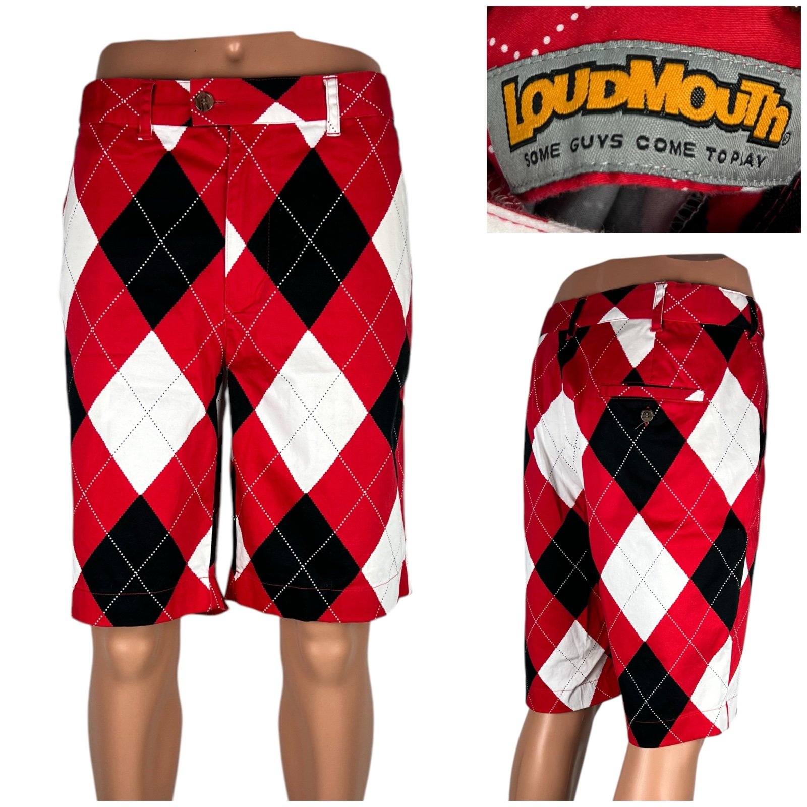 Loudmouth Mens 40 Golf Shorts Diamond Argyle Red White Black Cotton Stretch