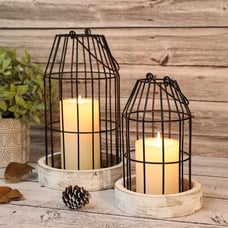 New Set of 2 Rustic Wire Metal Cloche, Vintage Candle Lanterns - Black, White