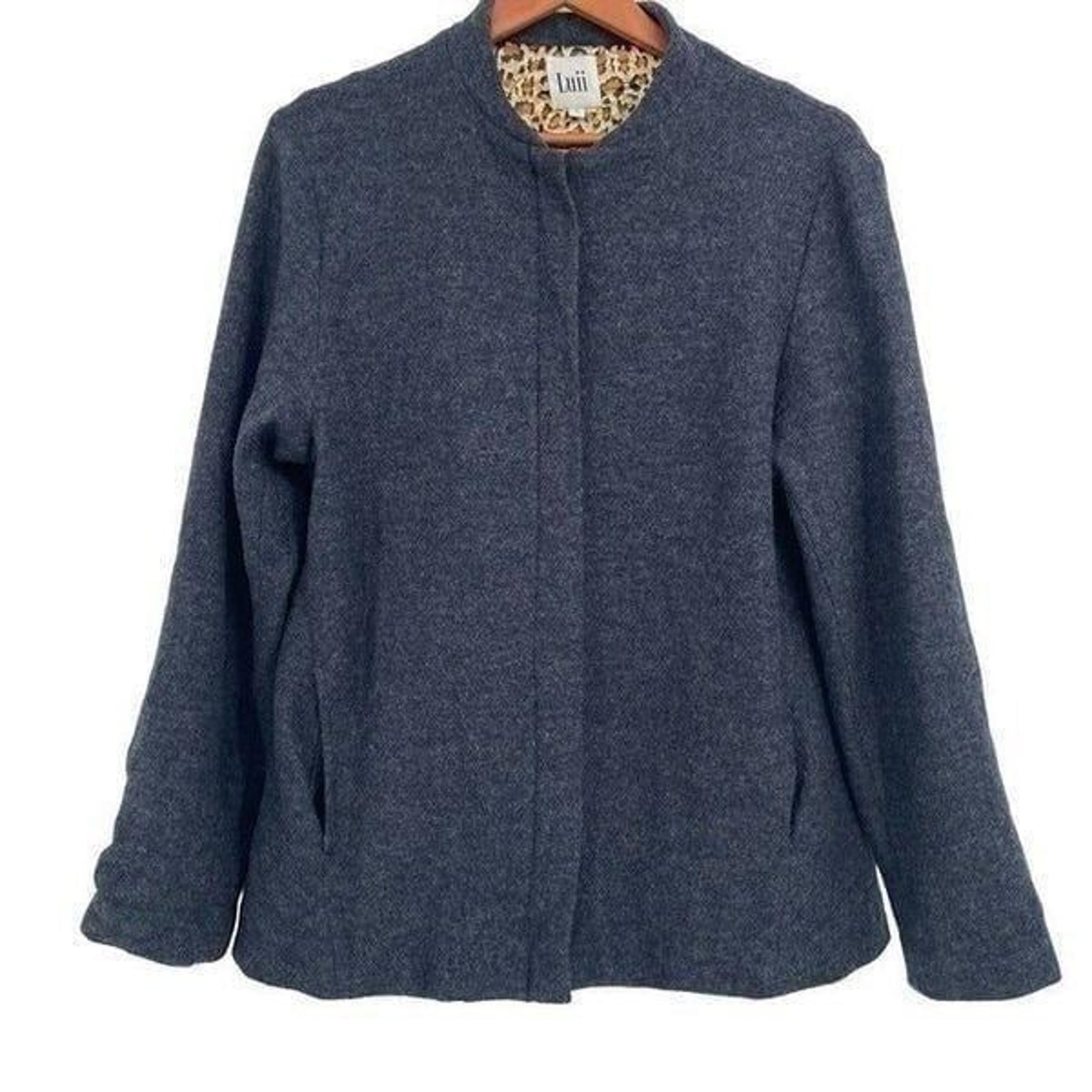 Luii Anthro 100% Wool Swing Jacket With Satin Leopard Lining Charcoal Gray Large