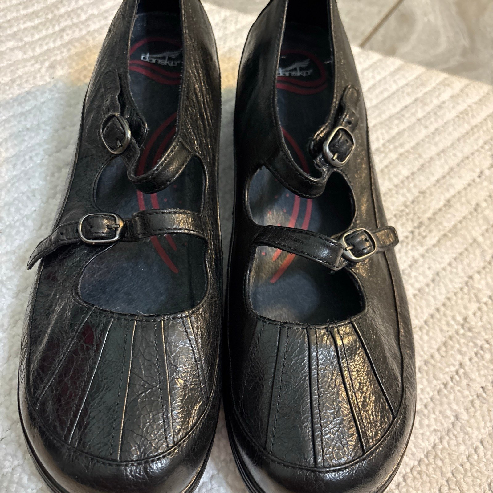 Dansko Womens Portia Mary Jane Shoe Size 41 10 USBlack Leather Low Wedge Comfy