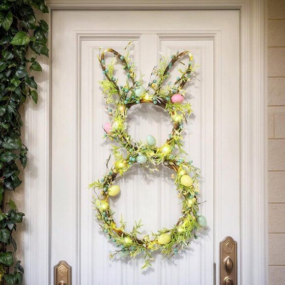 NEW Easter Bunny Spring Wreath for Front Door, Lighted Easter Wreaths with Timer