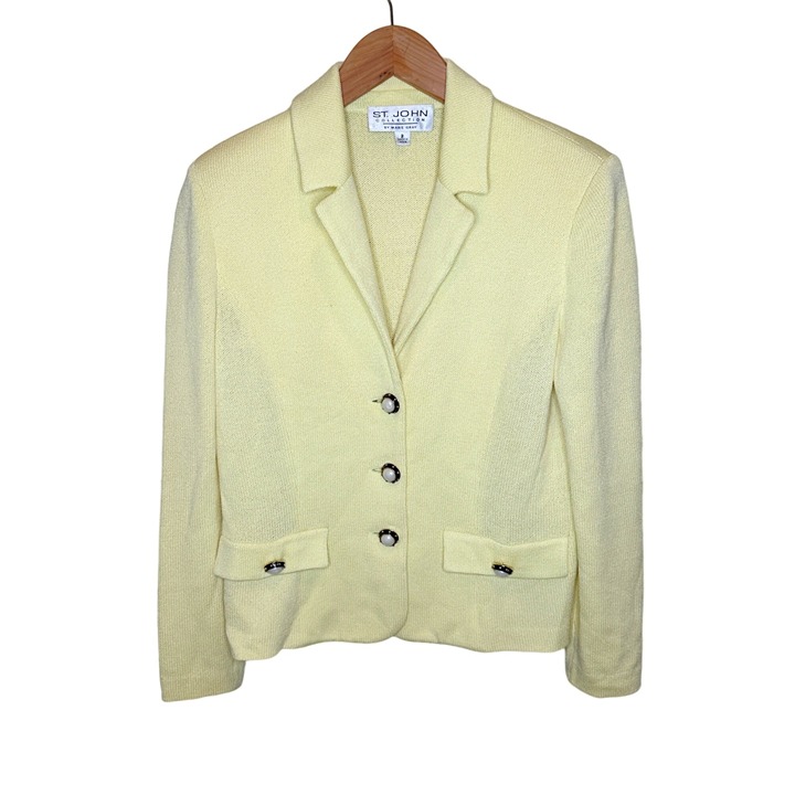 St. John Collection Women's Key Lime Yellow Knit Pearl Button Up Size 2 Blazer