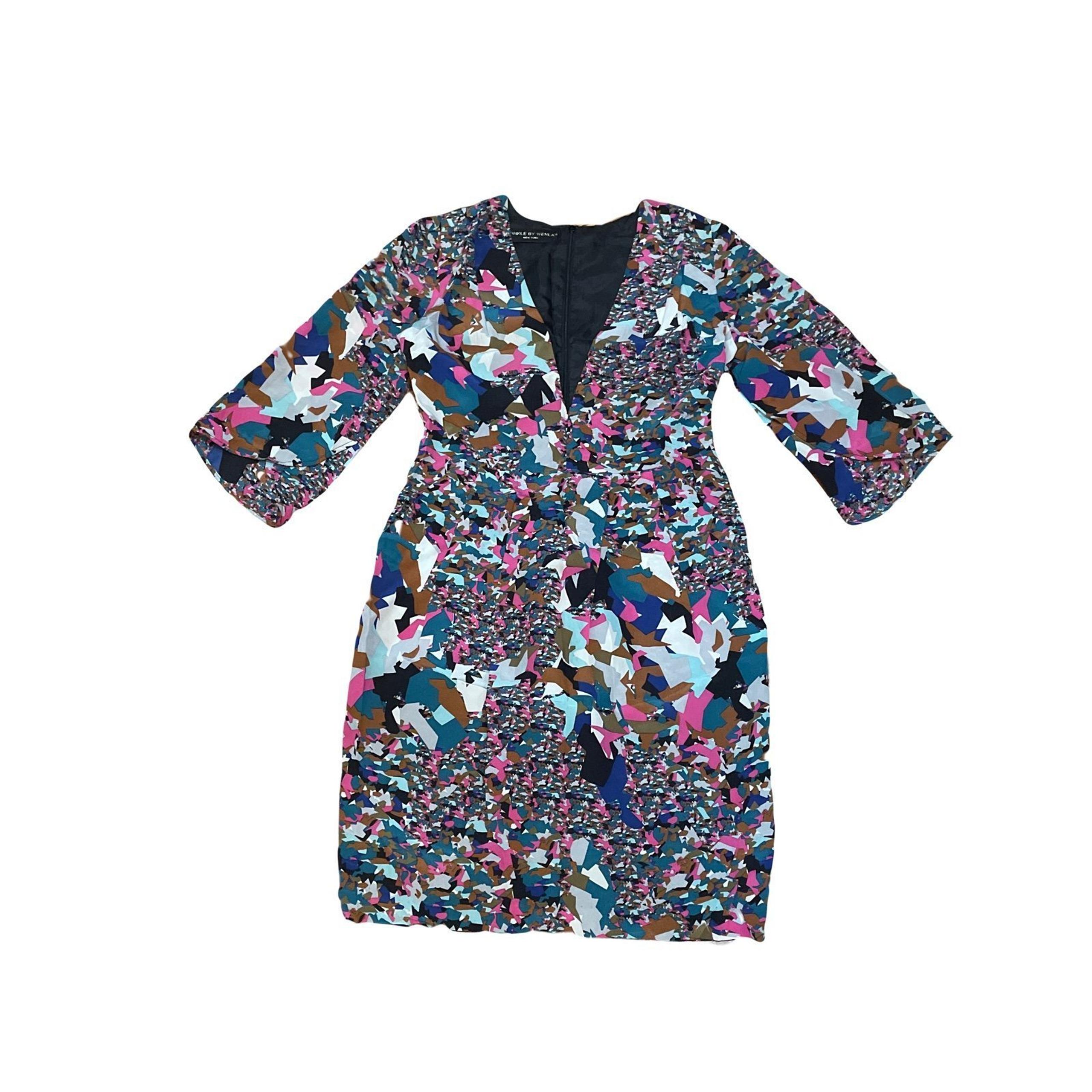 Twinkle by Wenlan New York SMALL Vneck 3/4 sleeve midi dress geometric pink Silk