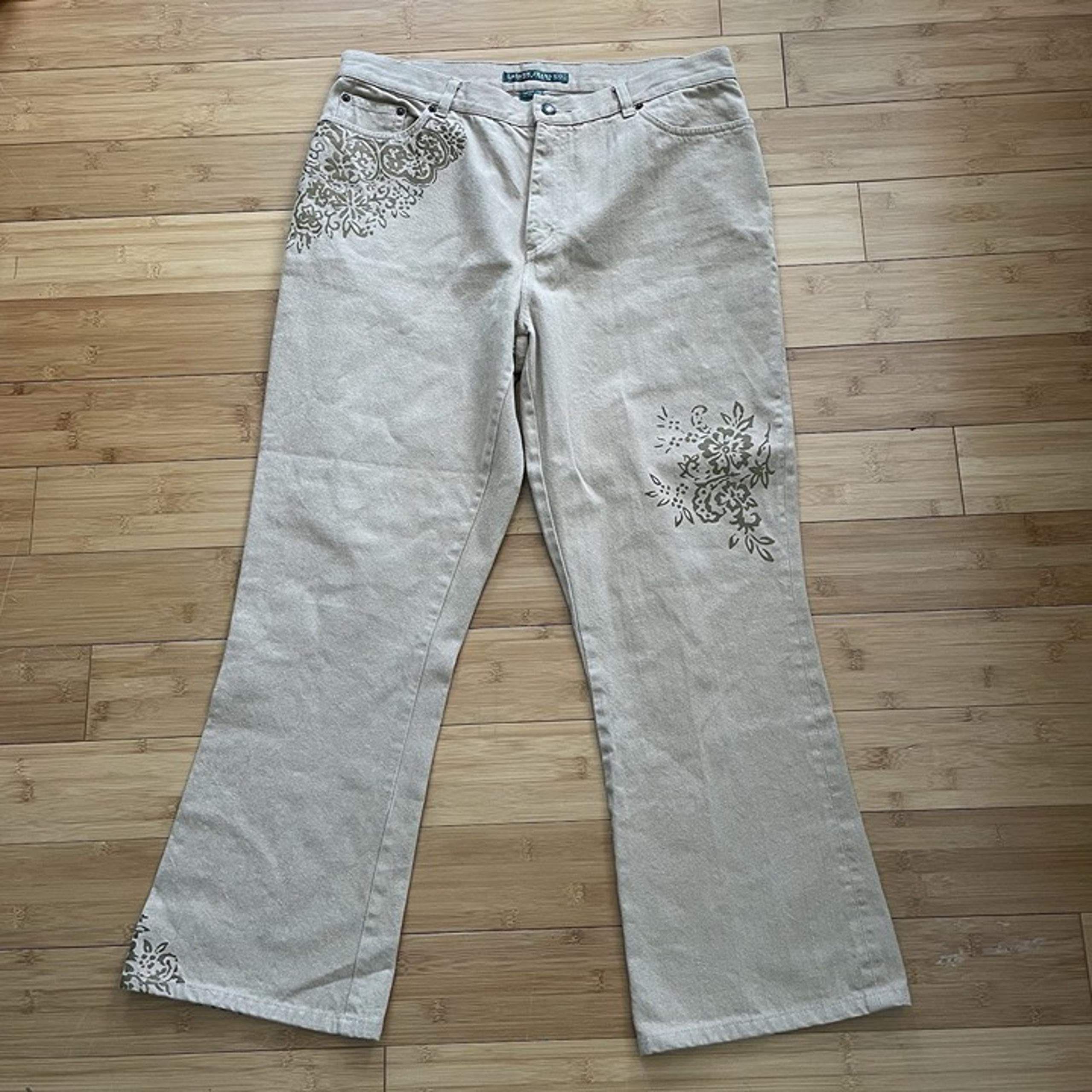 Lauren Jeans Co Womens Artsy Tan Flared Jeans 14 Floral Boho Pants Ralph Lauren