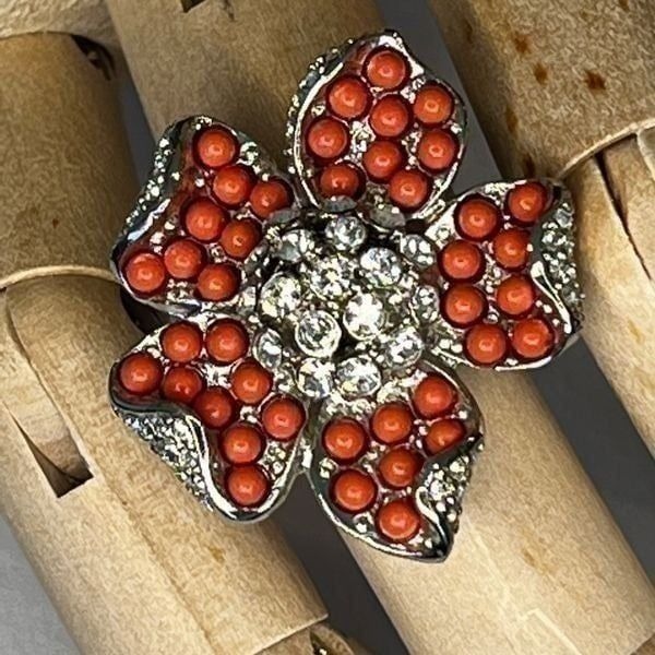 3/30 5/50 Orange bead and rhinestone on silver tone large statement ring