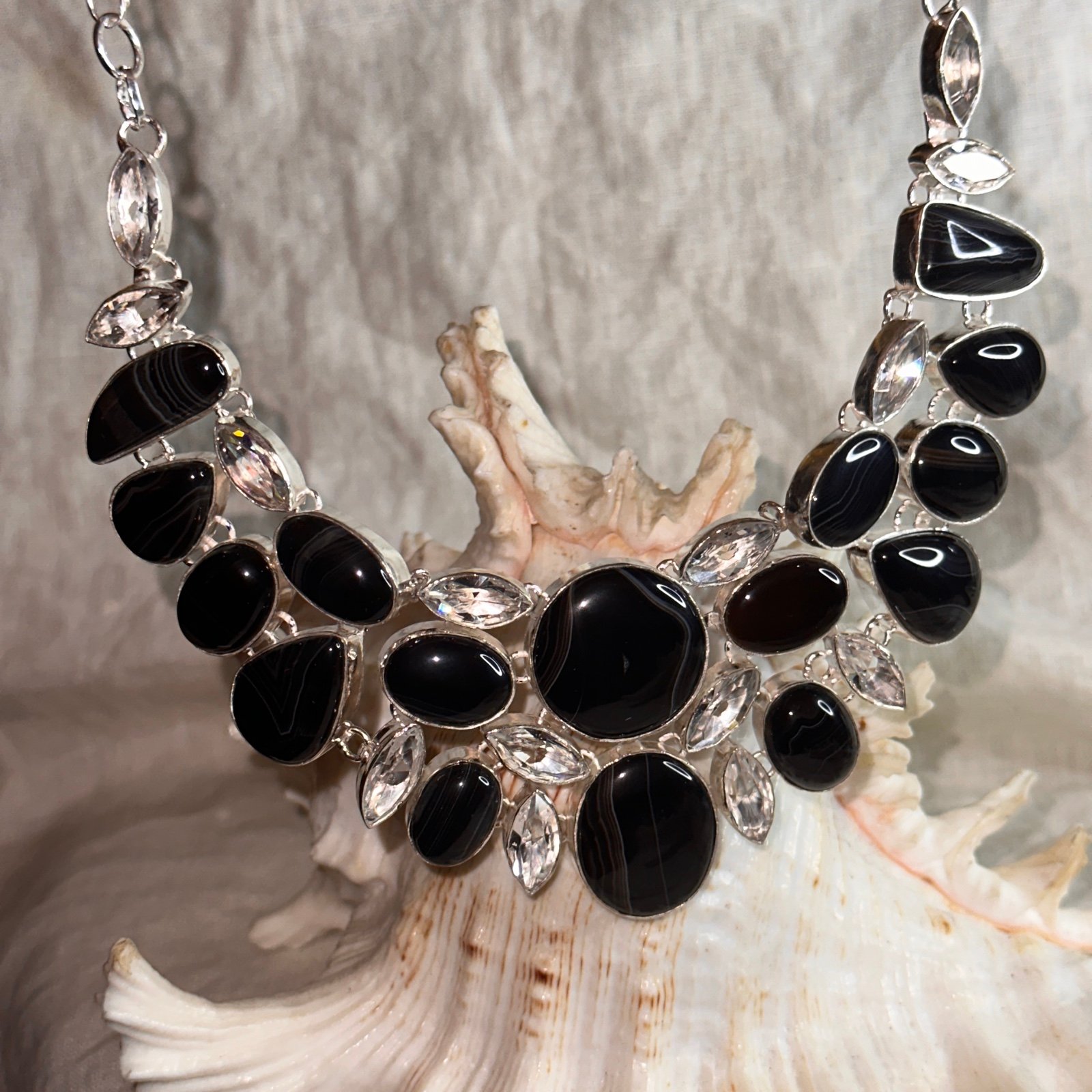 Botswana Agate + White Quartz gemstone cluster statement necklace
