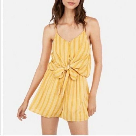Express yellow and white striped tie front romper jumpsuit XL