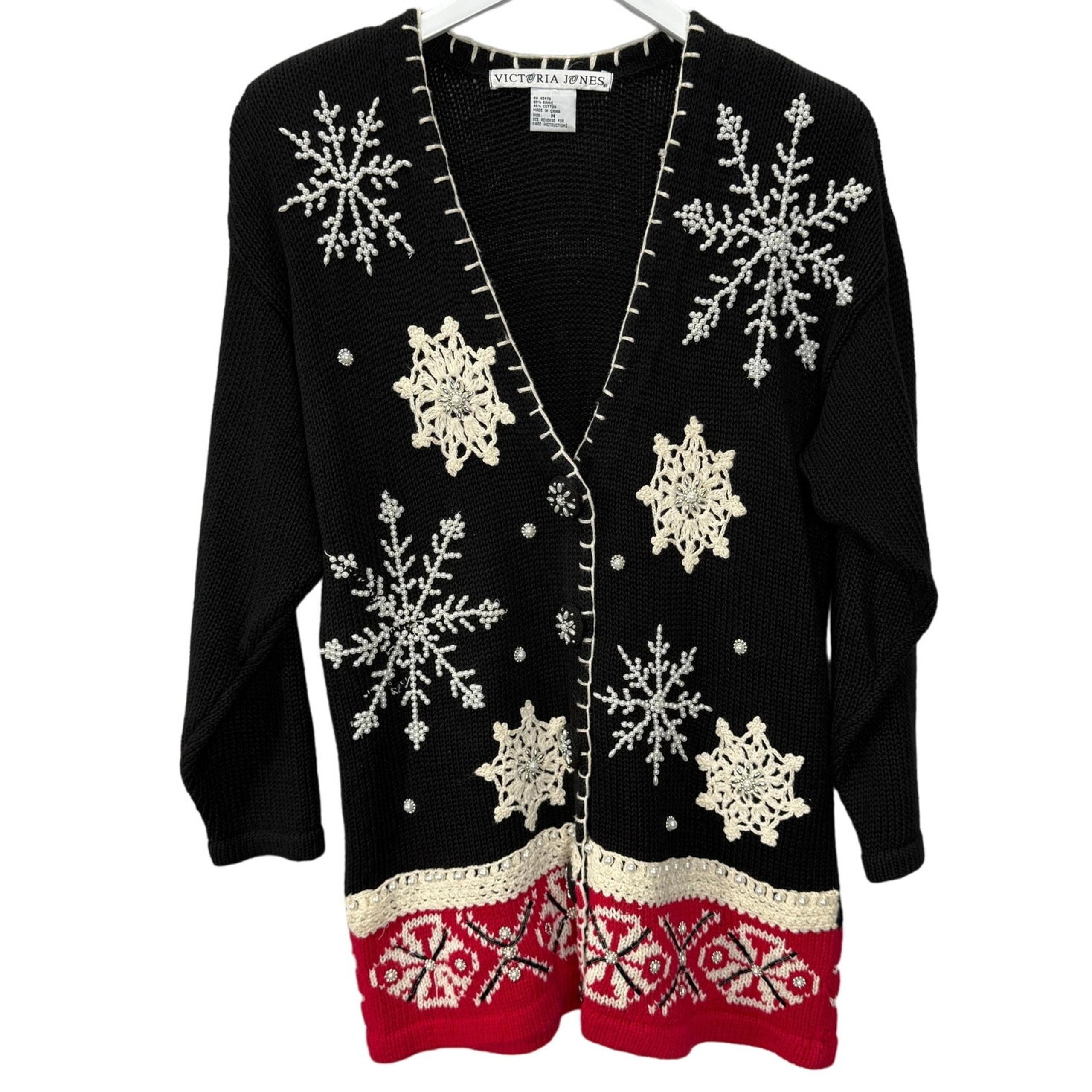 Vintage Victoria Jones Cardigan Sweater Size M Black Red Beaded Snowflakes Knit