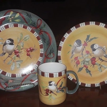 Lenox Dinner Plate, Salad Plate, and Mug. Winter Greetings Everyday Chickadee