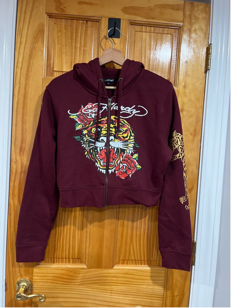 Women’s Ed Hardy Retro Huge Tiger Rose Cropped Full Zip Hoodie Size XL