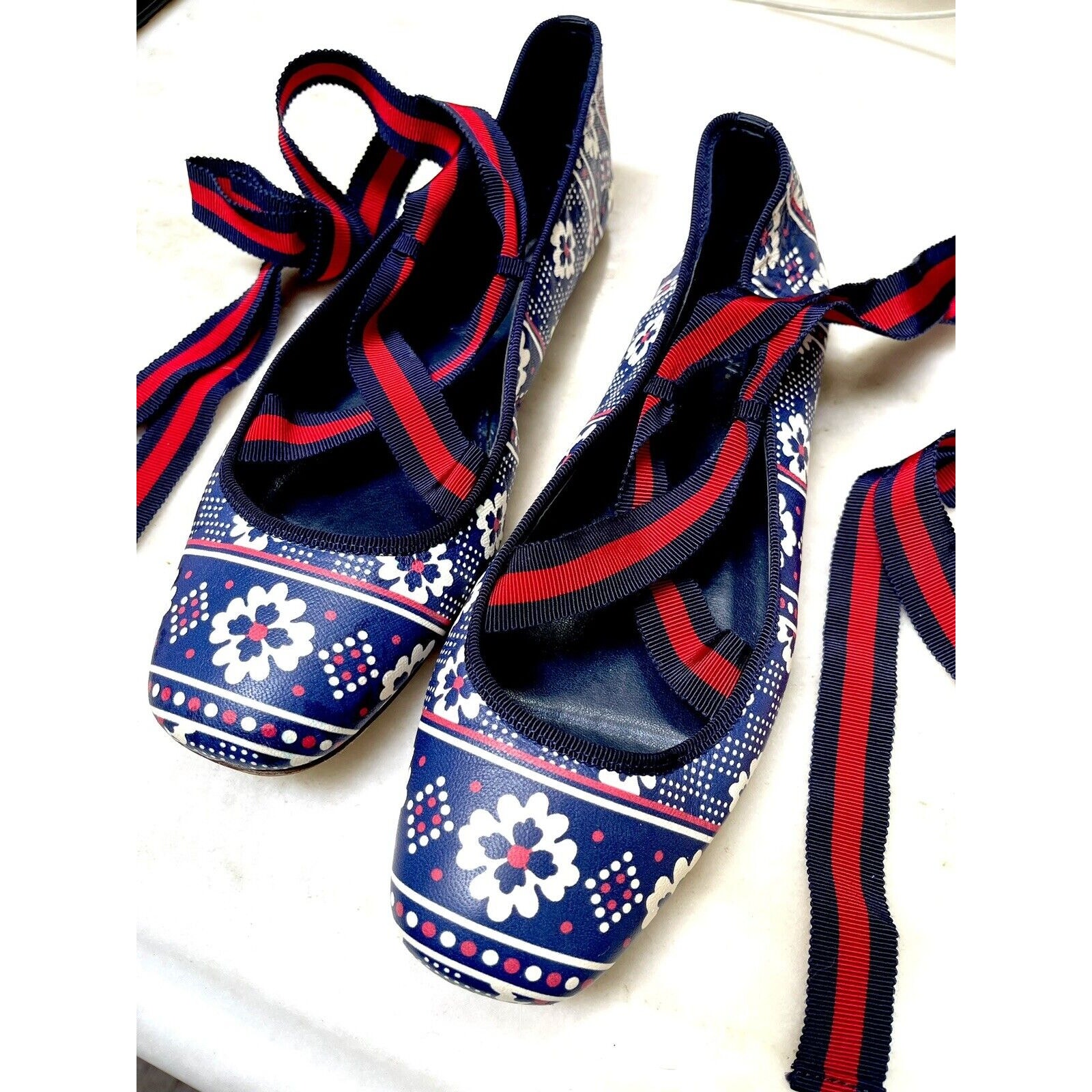 JCrew Lily Lace-Up Bow Ballet Flats Sz 8.5 Vintage Red Indigo Blue G7854 Shoes