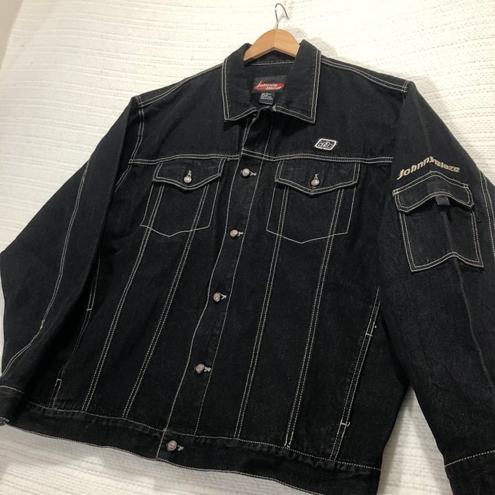 Johnny Blaze Denim Jacket Black Hip Hop Embroidered Details Mens Size XXL