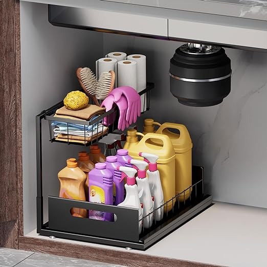Under Sink Organizers and Storage 2 Tier Slide Out Kitchen Cabinet Black