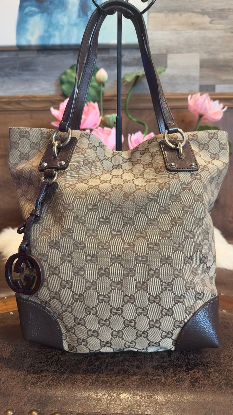 Auth Gucci GG Canvas Tote Shoulder Bag Brown/Goldtone Canvas/Leather