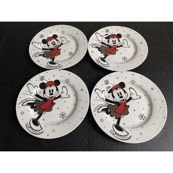 Set Of 4 Disney Minnie Mouse Christmas Salad Plate Ice Skating Holiday Snowflake