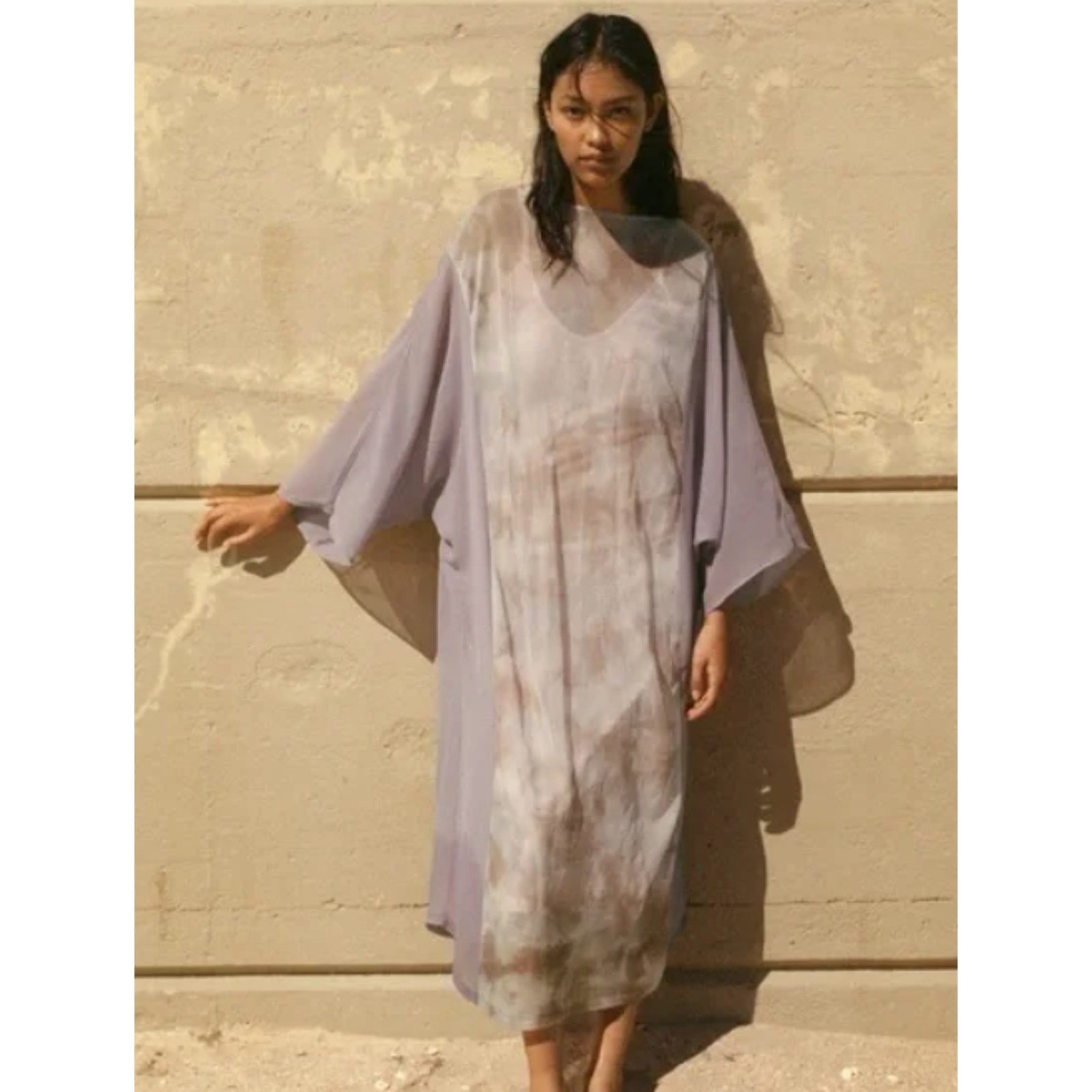 Zara Open Knit Tie Dye Tunic Boho Maxi / Midi Dress Purple Peach Size XS - Small