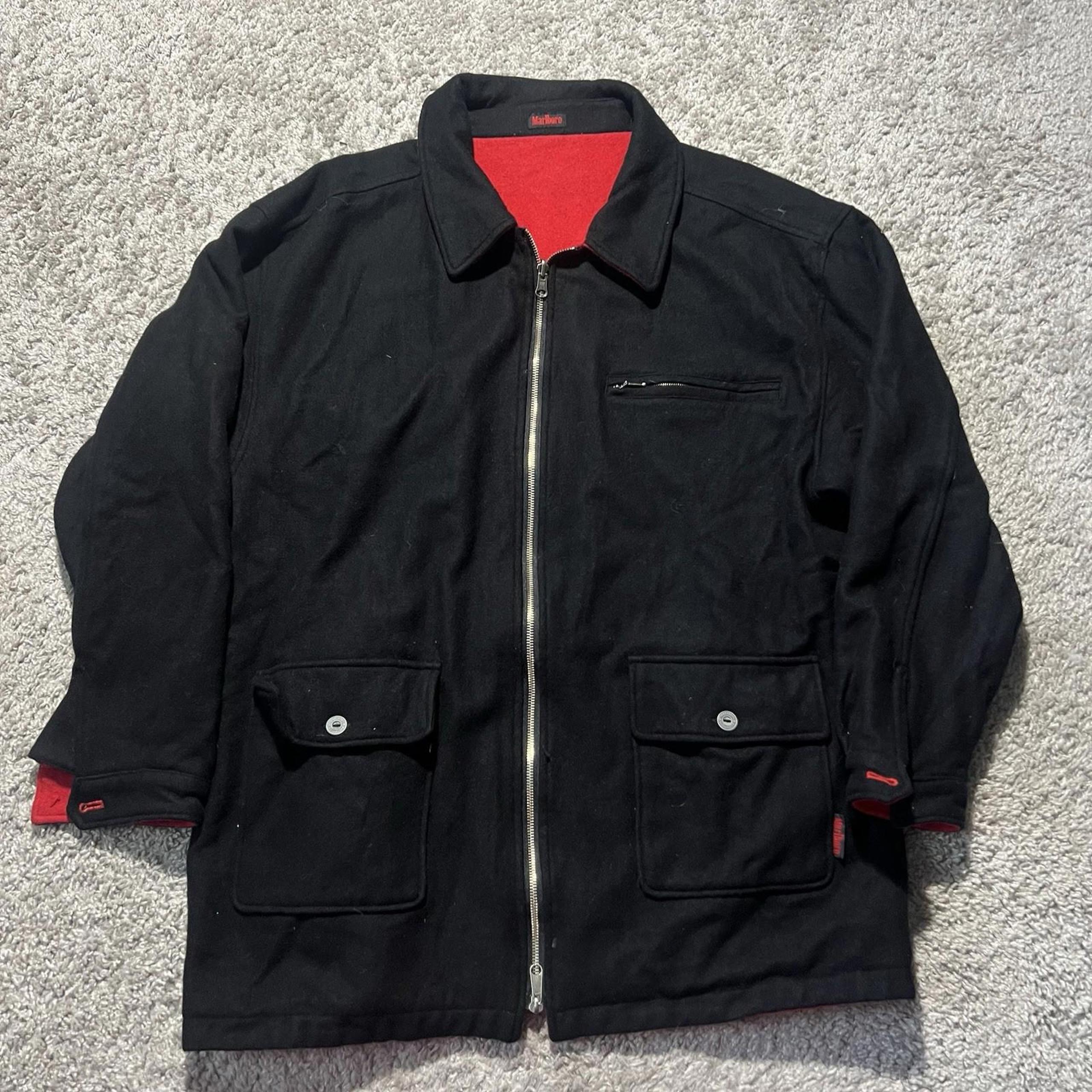 Mens (L) Vintage MARLBORO Reversible Wool Jacket/ Coat (Black/ Red) 90s EUC