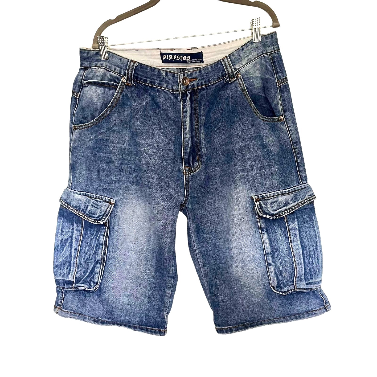 PLAYBIGG Denim jeans Wear Cargo Mens Shorts Size 36 Denim 90s Y2K Medium Wash
