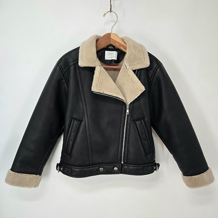 Zara Black Sherpa Lined Biker Jacket Aviator Faux Leather Girl's Size 11/12