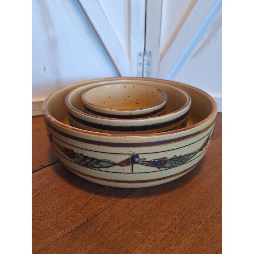 3pc Set Danish Mid Century Modern Nesting Bowls Hand Painted Fish Design Otagiri