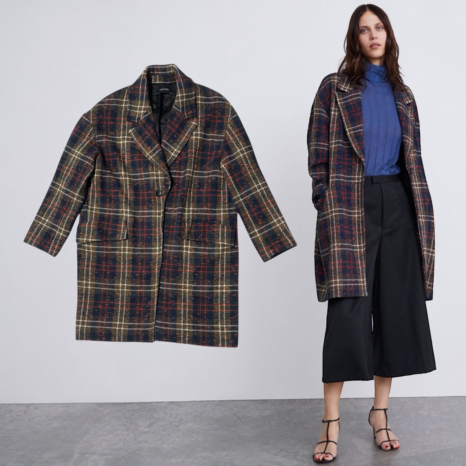 ZARA Brown Blue Red Green Plaid Women's Wool Blend Pea Coat Jacket Size M