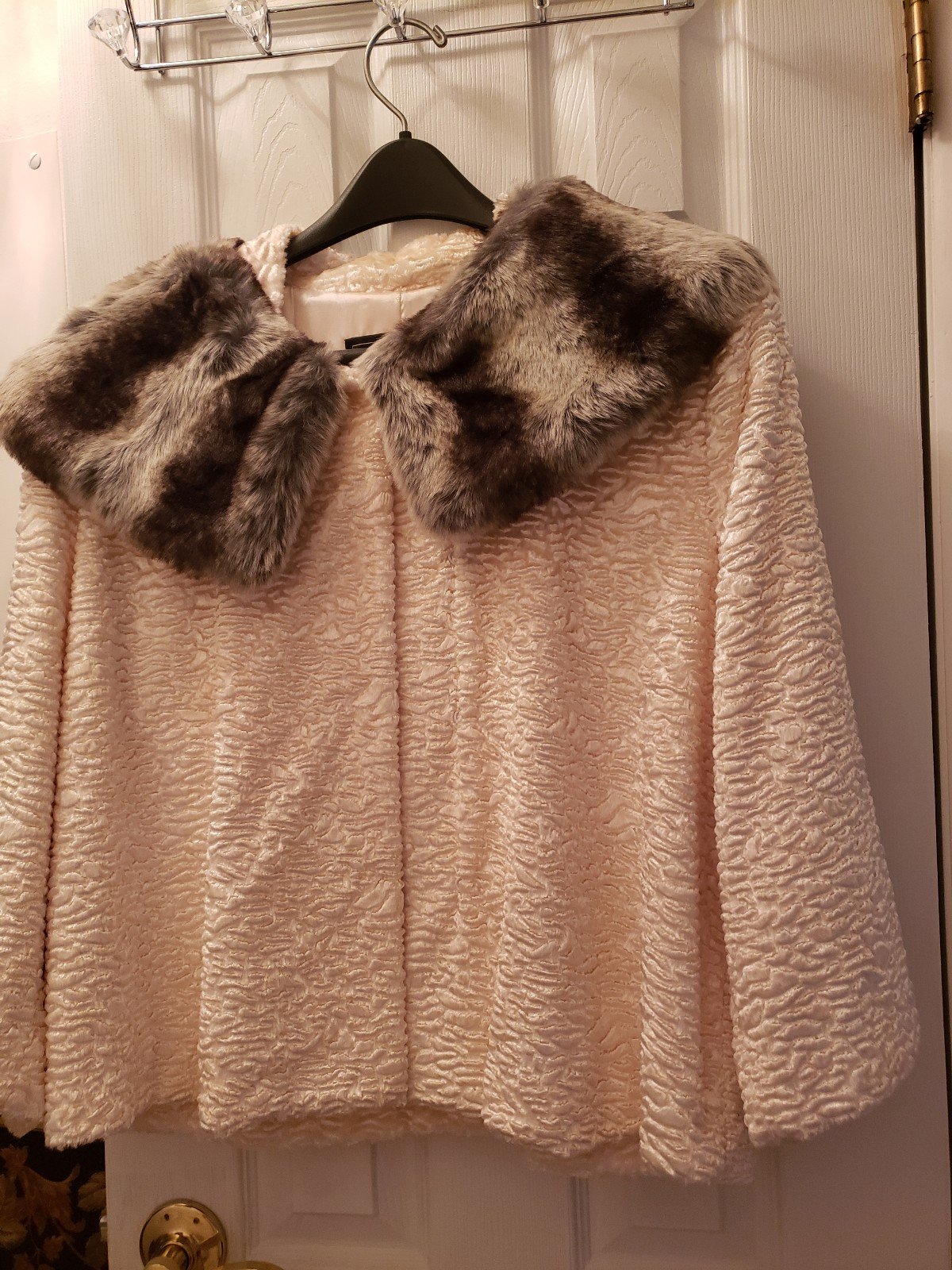 Vintage Terry Lewis Evening Jacket Off White Faux Lamb, Collar Is Black Gray and