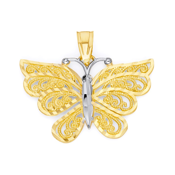 Solid 10k Gold Butterfly Pendant with Diamond Cut Finish - Gifts for Women