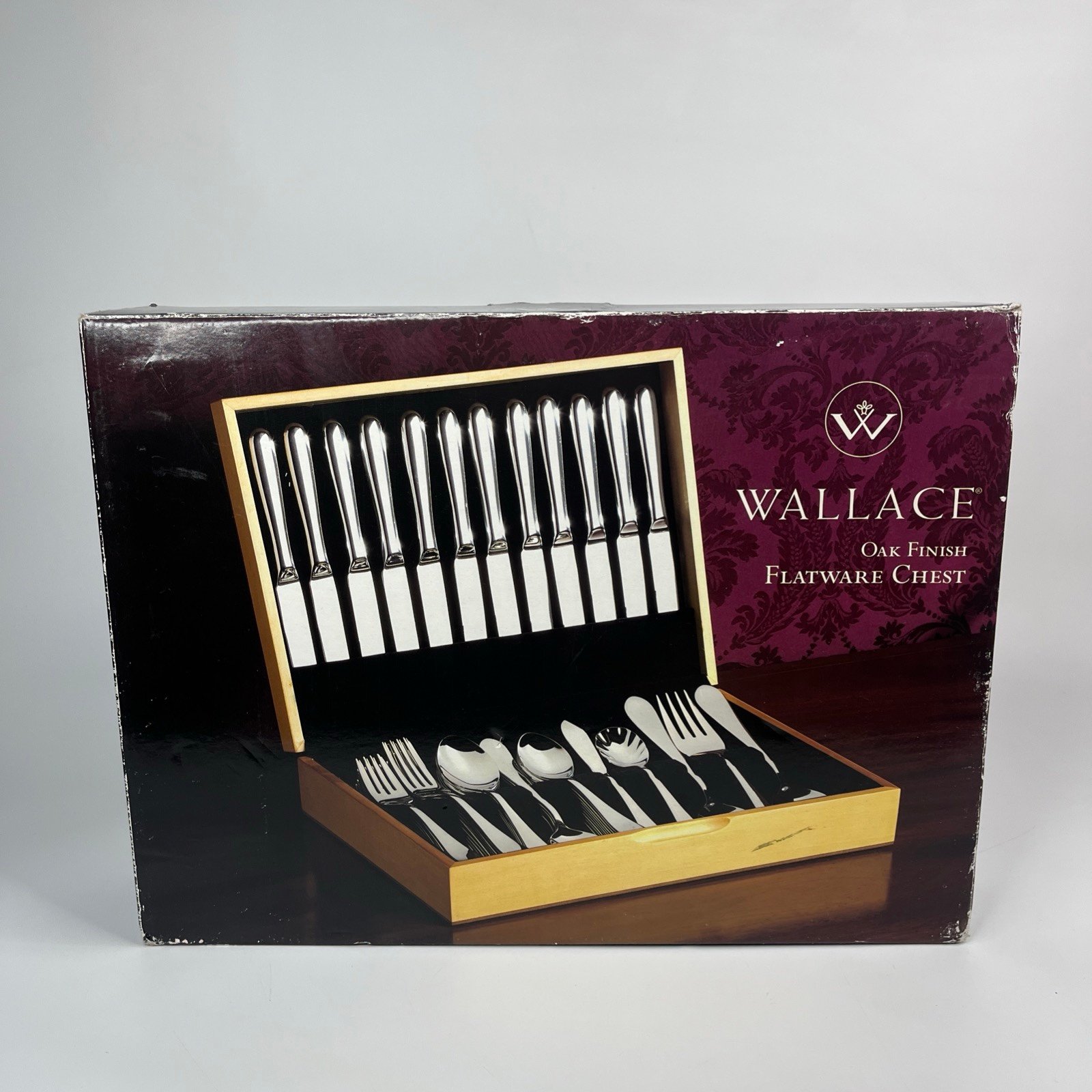 Wallace Oak Finish Wooden Silverware Flatware Storage Box Chest In Box
